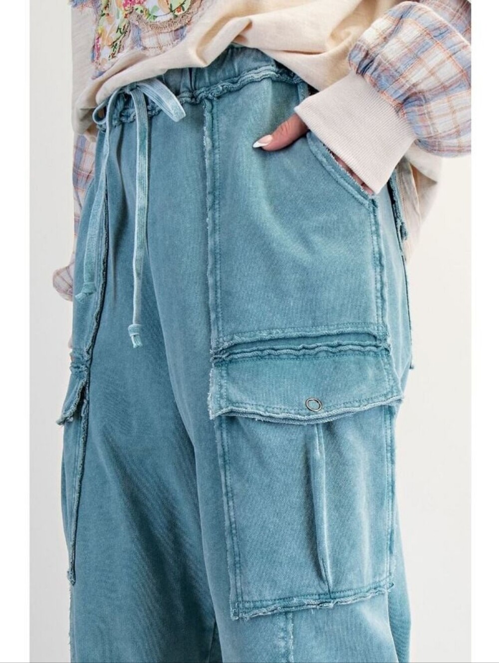Easel "Durango" French Terry Cargo Wide Leg Pants in Teal Blue Sz S - Picture 4 of 6